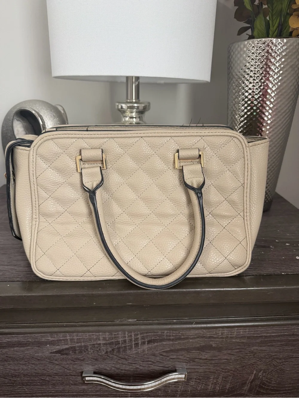 Steve Madden Quilted Beige Satchel with Black Trim